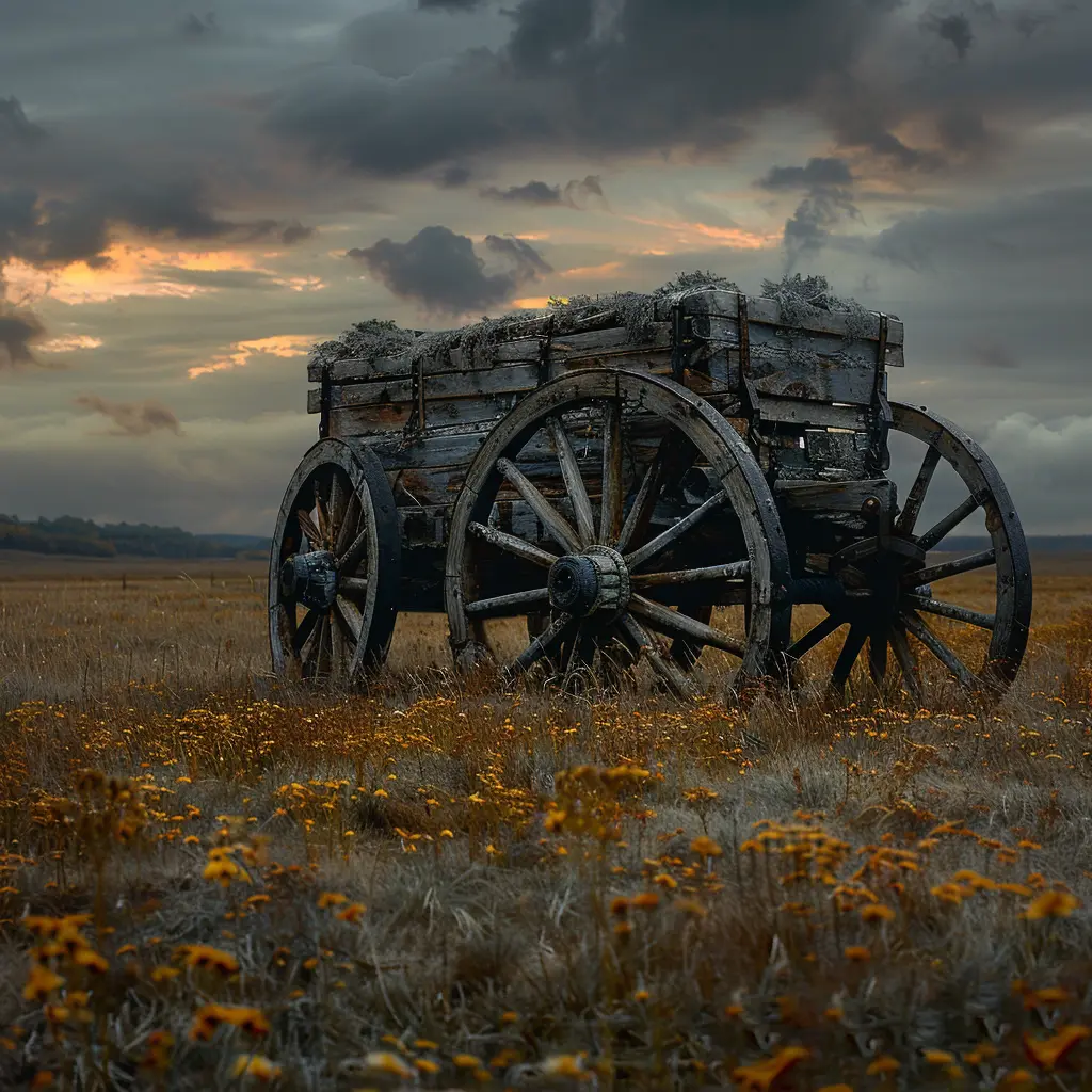Weathered wagon wheel partially submerged in golden prairie grass, casting long shadows in fading light.