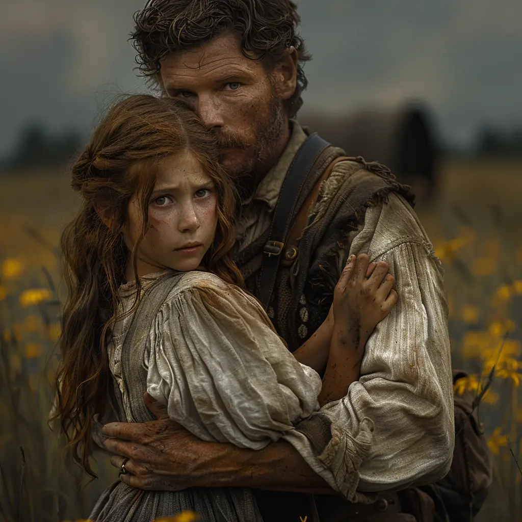 Bird's-eye view of prairie with wagon train. Zooms to show young girl writing in journal inside last wagon.