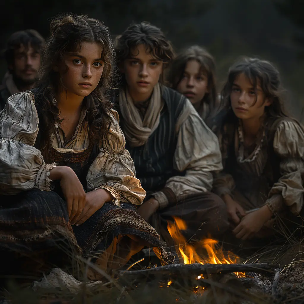 Young Eliza gazes ahead from wagon at vast golden plains and endless horizons, her hair windswept.