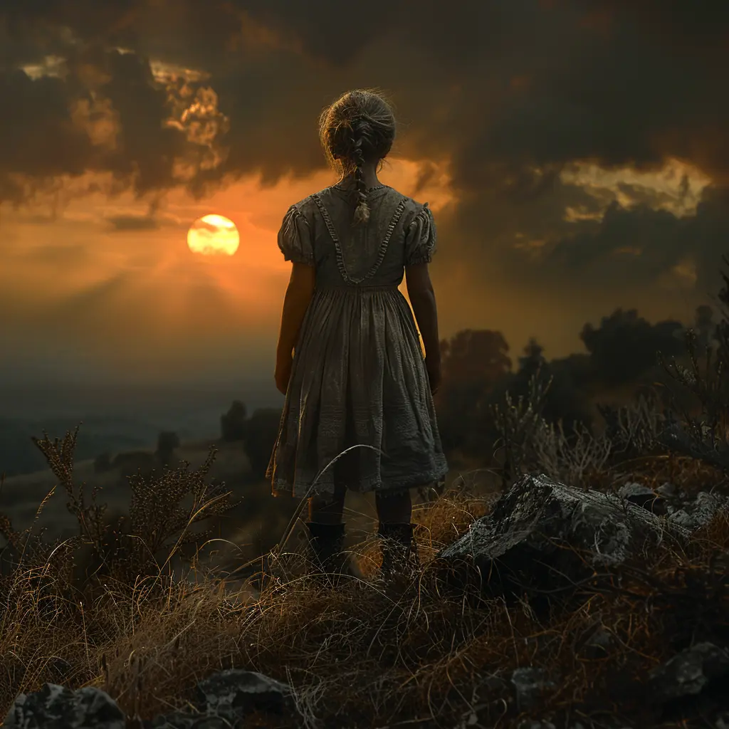 Bird's-eye view of wagon train crossing prairie, with sparrow perched on wheel in foreground