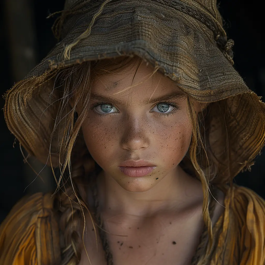 Portrait of determined 11-year-old pioneer girl Sarah, with piercing eyes and subtle smile, reflecting hope and resilience