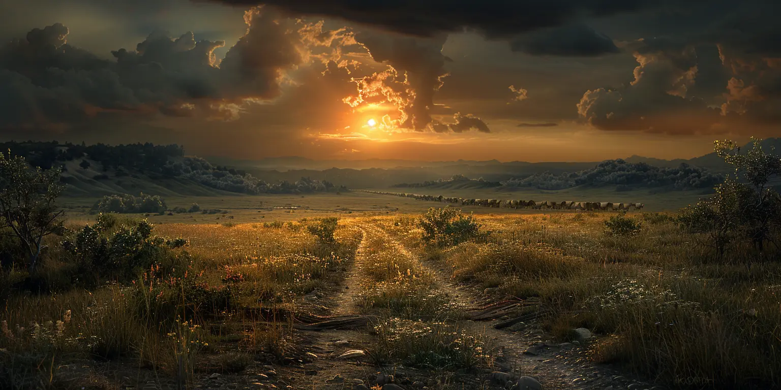 Vast prairie at sunset with distant covered wagons on a trail, showcasing the untamed American West landscape.