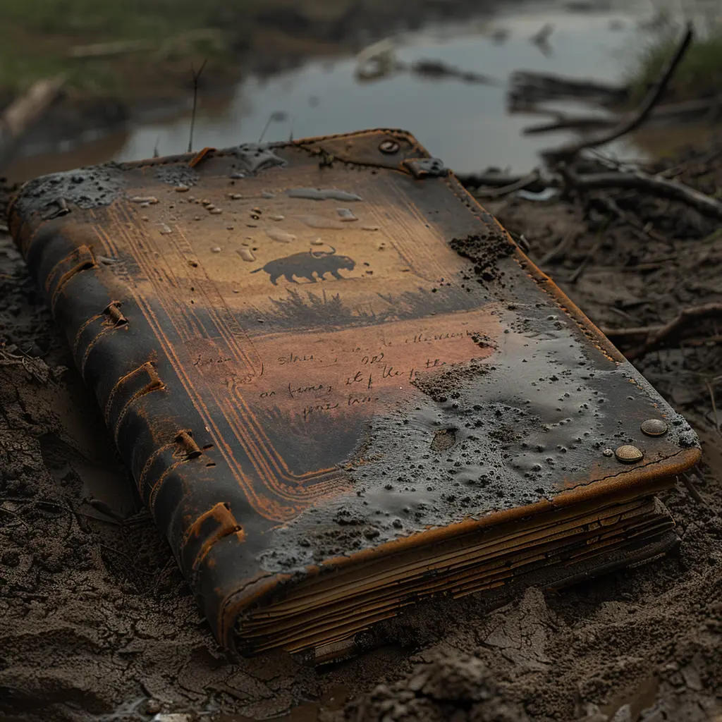 Open leather sketchbook on prairie grass, showing pencil drawings of bison and eagles, with water-stained edges.