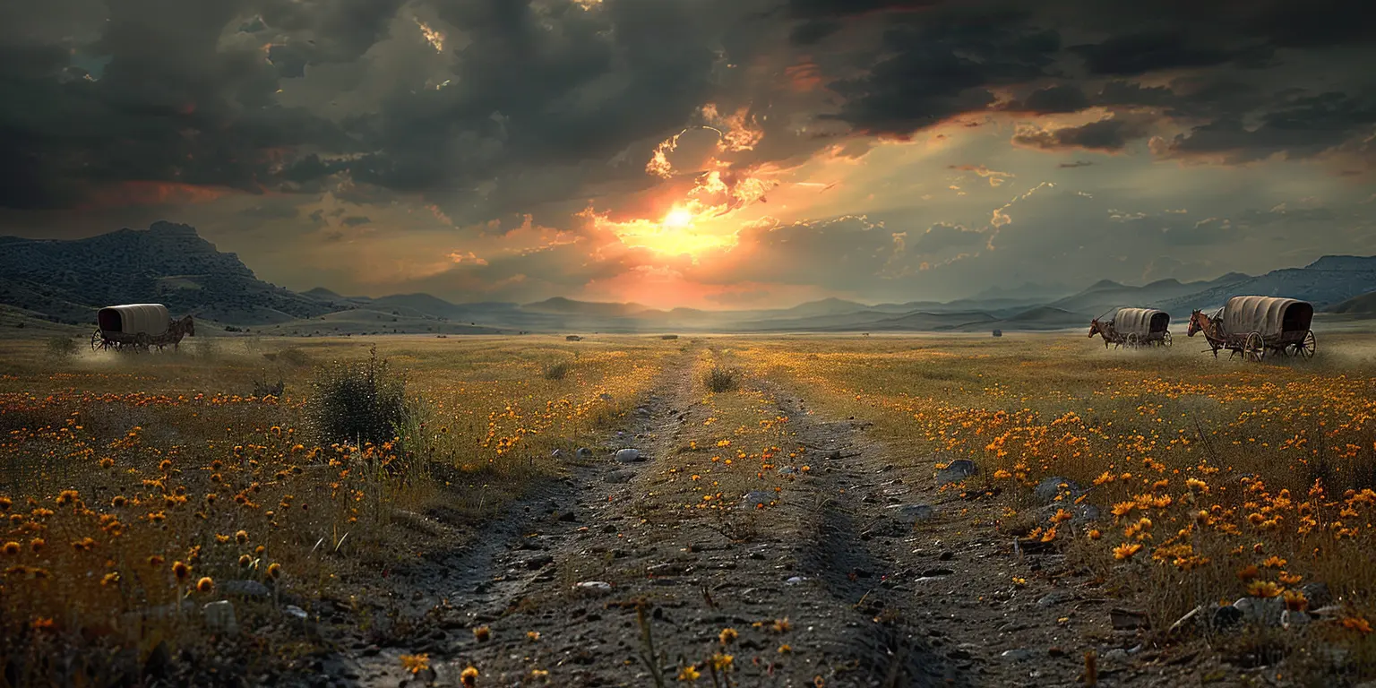 Golden prairie with Oregon Trail wagon ruts. Distant covered wagons move across landscape at sunset.