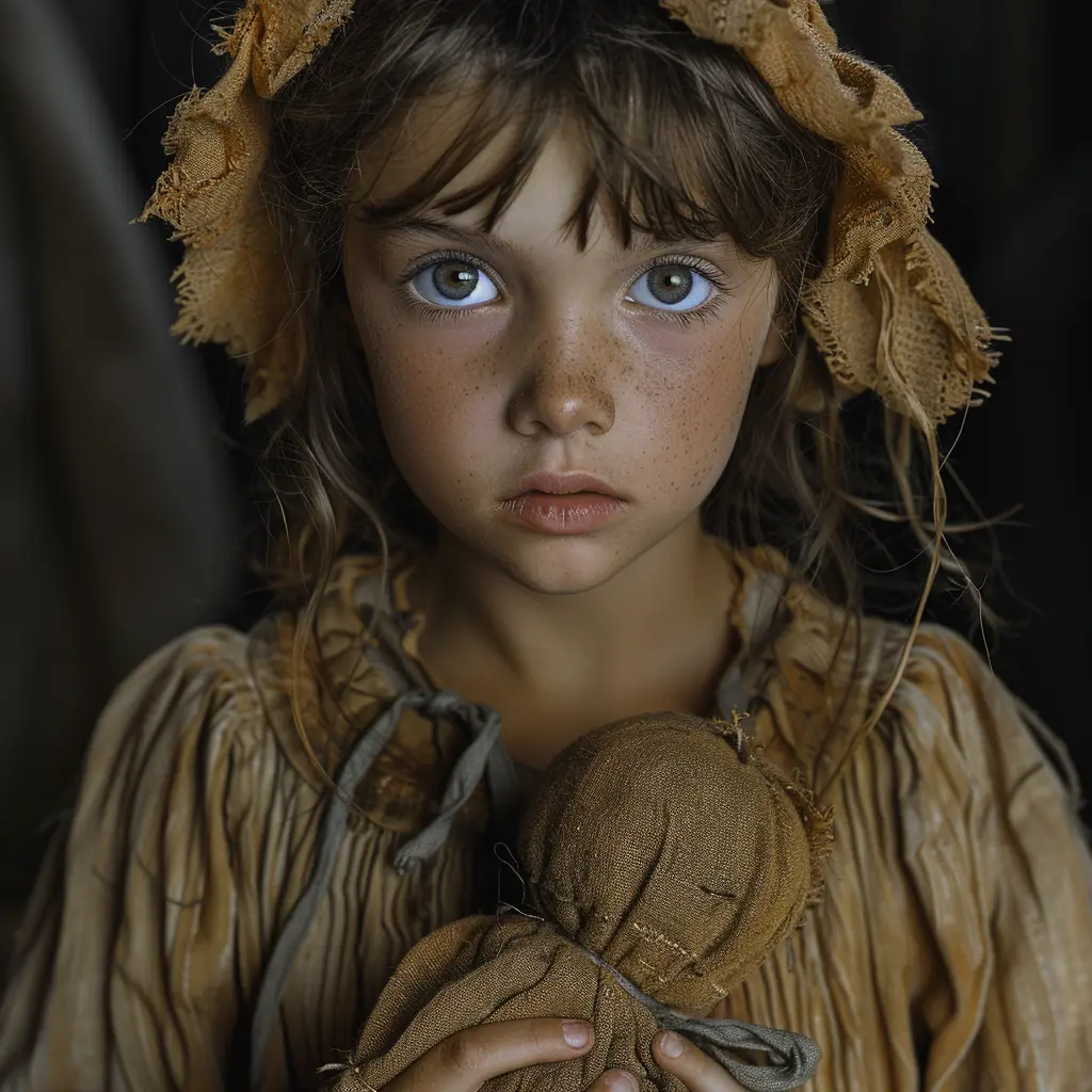 Young pioneer girl with haunting eyes clutches doll tightly, her wary expression hinting at past traumas on Oregon Trail