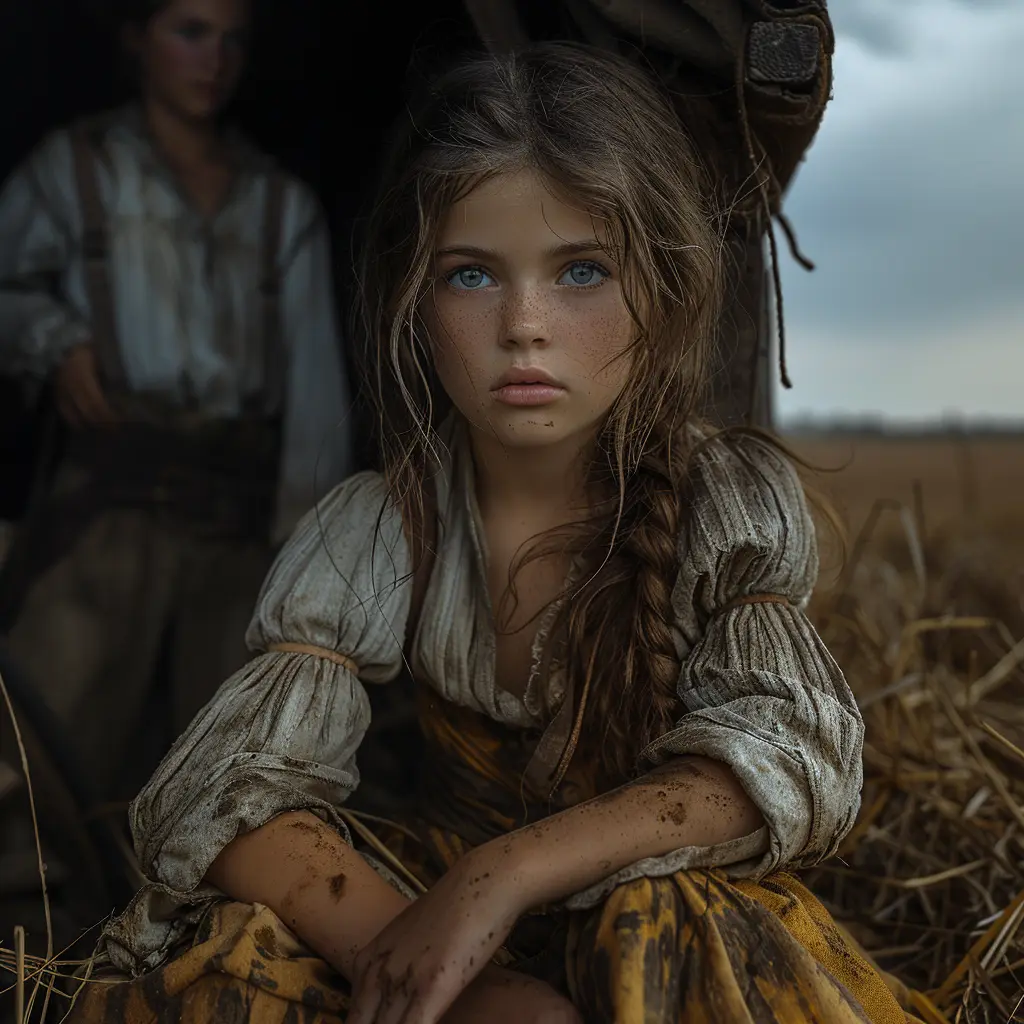 Bird's-eye view of prairie with wagon train. Eagle soars above, watching girl sitting on last wagon.