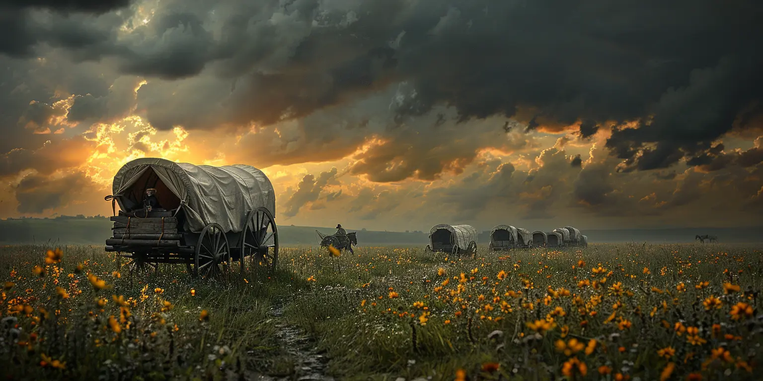 Sunset over prairie with tall grass and wildflowers. Covered wagons on Oregon Trail silhouetted against fiery sky.