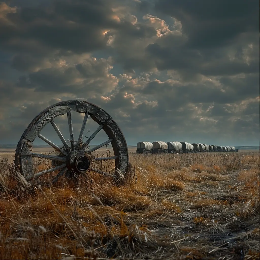 Old wagon wheel in grass, line of covered wagons on distant prairie, low angle view evoking pioneer journey