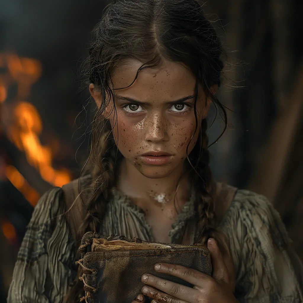 Tearful 12-year-old girl with hopeful eyes, holding journal, illuminated by campfire, leaning into family embrace.