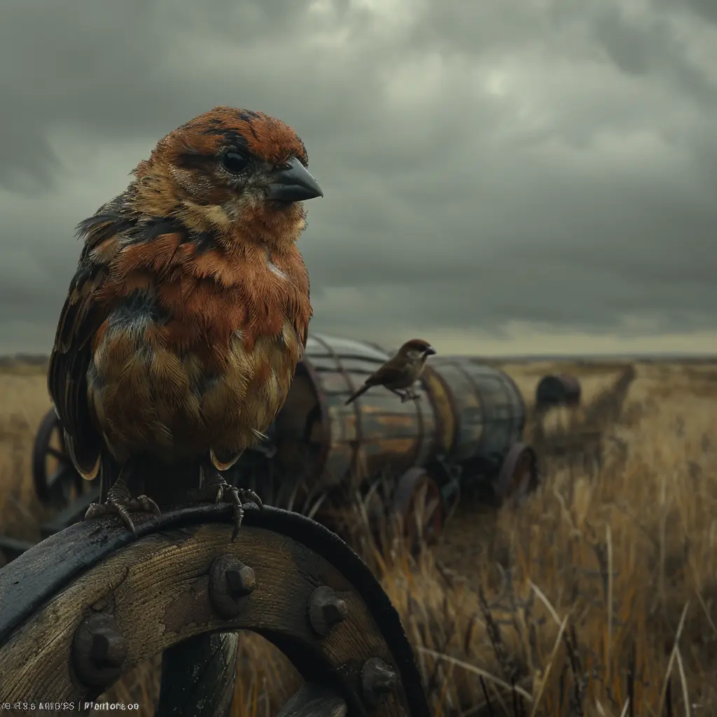 Bird's-eye view of wagon train crossing prairie, with sparrow perched on wheel in foreground
