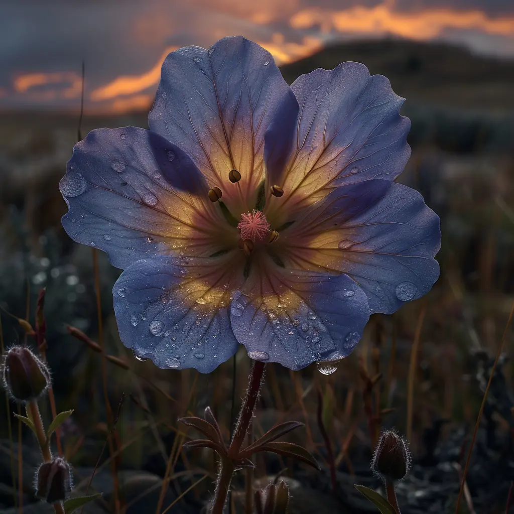 Purple and yellow wildflower in prairie grass at sunset, dewdrop on stem, symbolizing hope on Oregon Trail