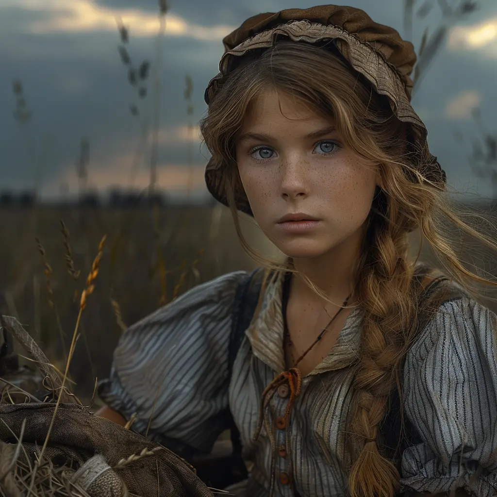 Aerial view of prairie with lone wagon train. Close-up on 11-year-old Sarah, gazing at vast horizon from her wagon.