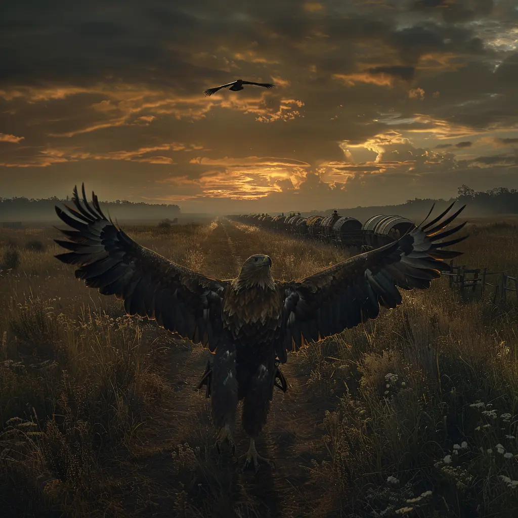 Aerial view: Wagon train crosses vast prairie at sunset. Eagle soars overhead, symbolizing freedom and danger.