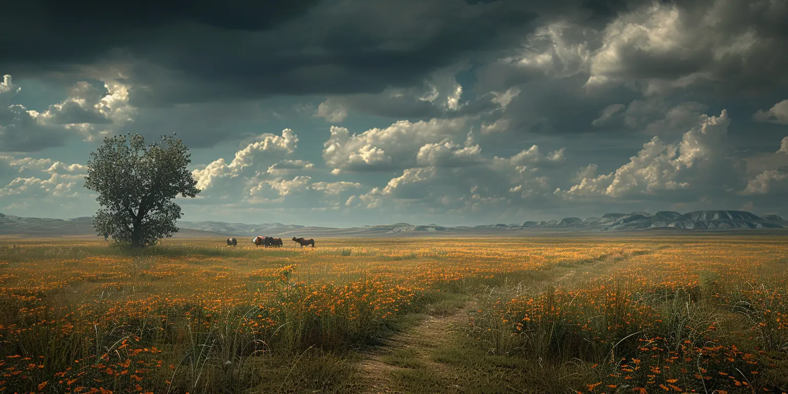 Covered wagons traverse the Oregon Trail through a vast, sunlit prairie, with a lone cottonwood tree in the distance.