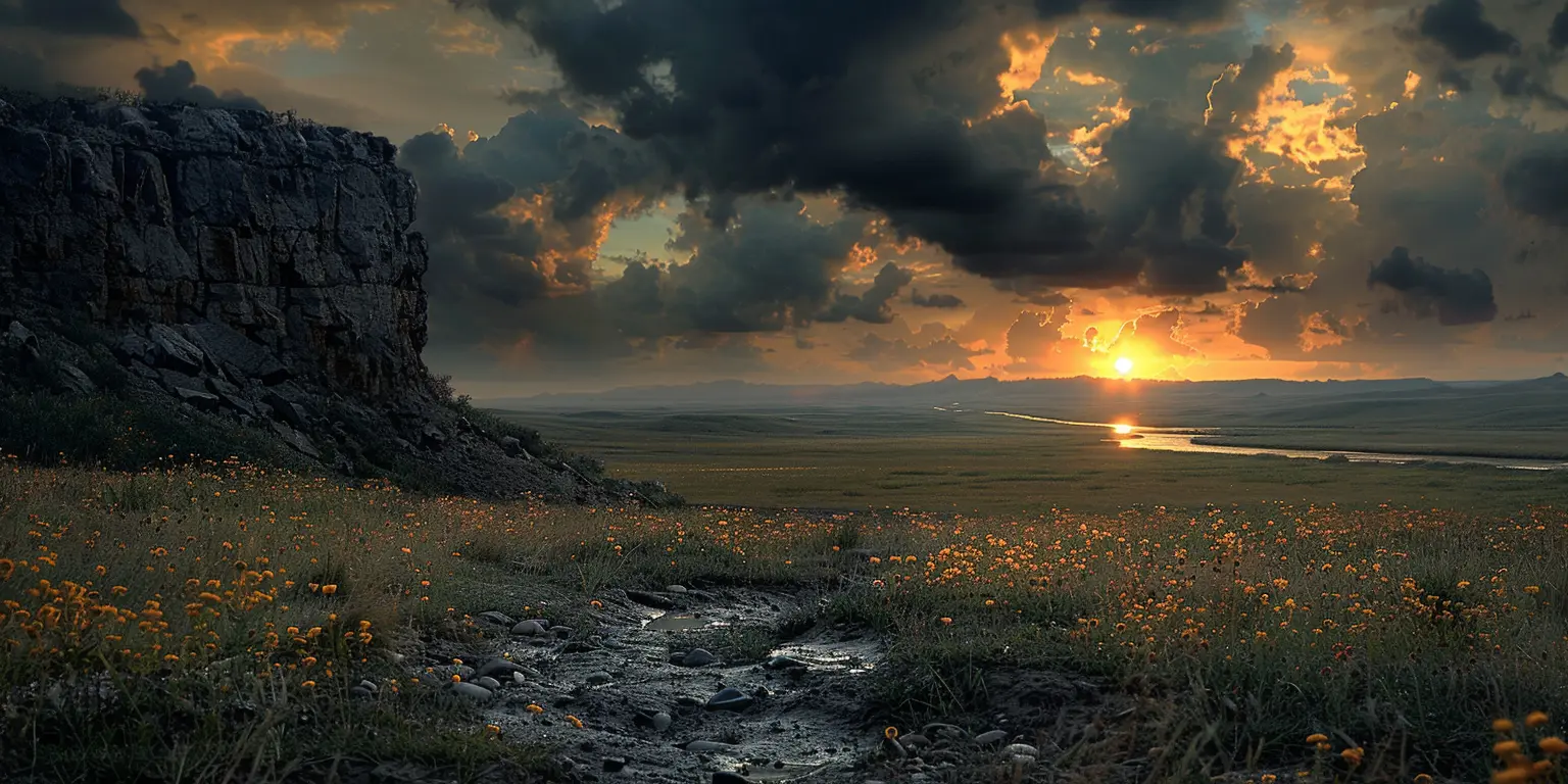 Great Plains landscape with Oregon Trail winding through, vast sky above, and distant river glinting in late afternoon light