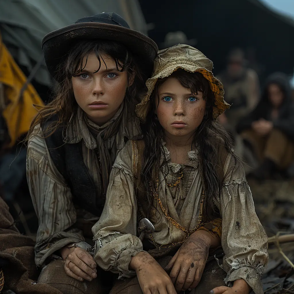 Aerial view of Oregon Trail with wagon train, vast wilderness, and eagle perched on branch overlooking scene.