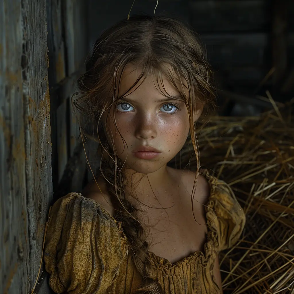 Young girl's tear-stained face illuminated by harsh sunbeam, tattered doll beside her symbolizing lost innocence.