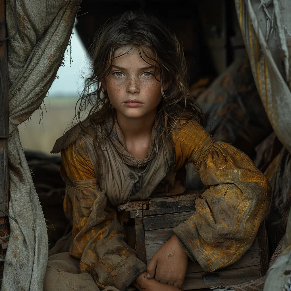 Girl sits by wooden box on quilts in covered wagon, prairie visible through opening