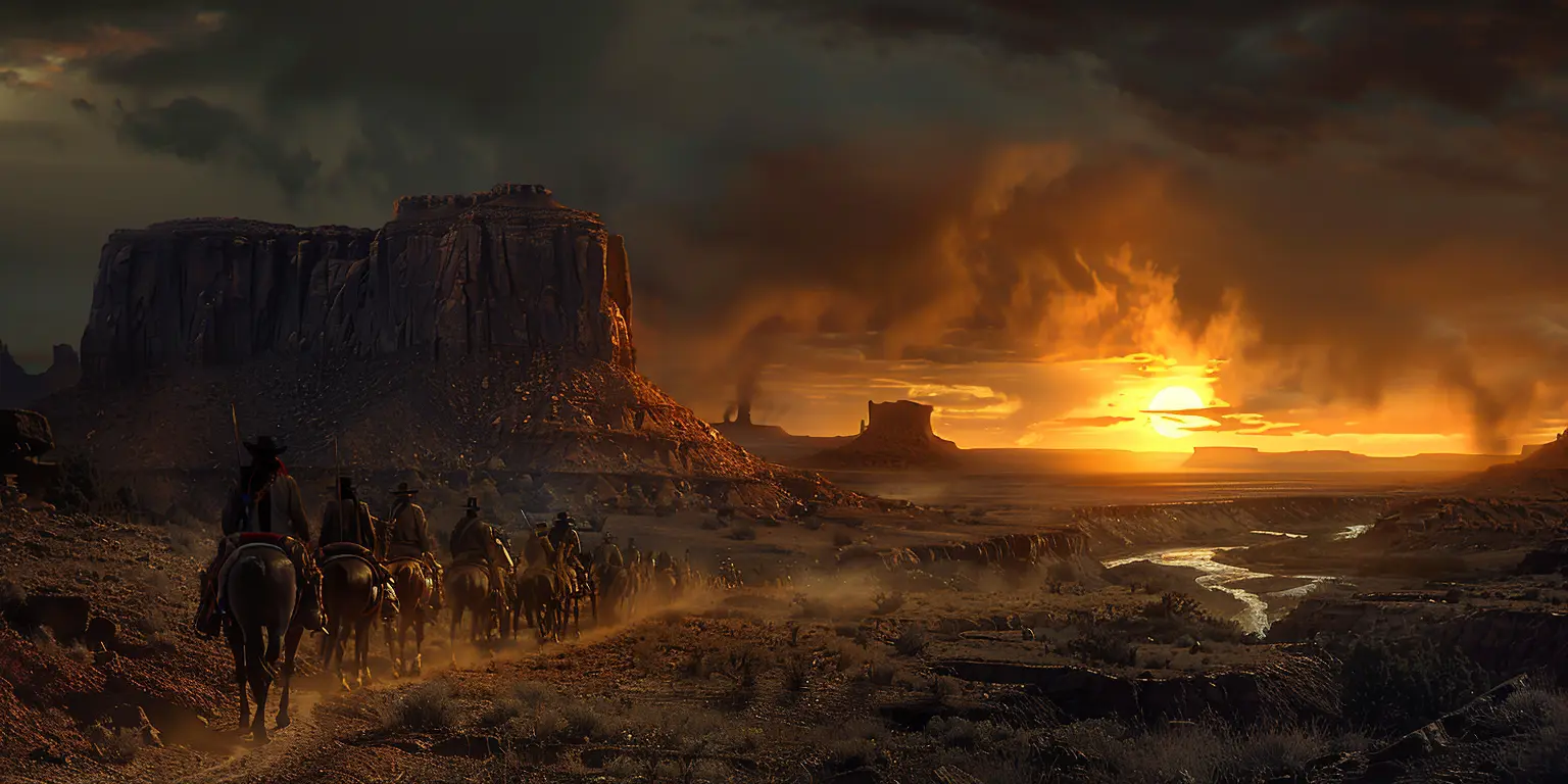 Oregon Trail path winds through rugged frontier landscape with rocky formations, shadowed earth, golden sunset glow, and distant river.