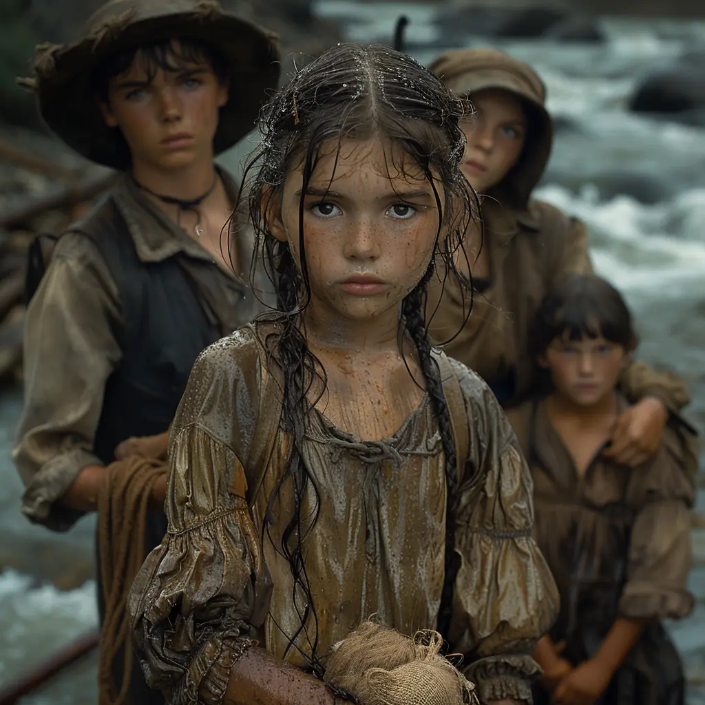 Wagon train on Great Plains, 11-year-old Sarah peeks out from covered wagon, awestruck by vast landscape