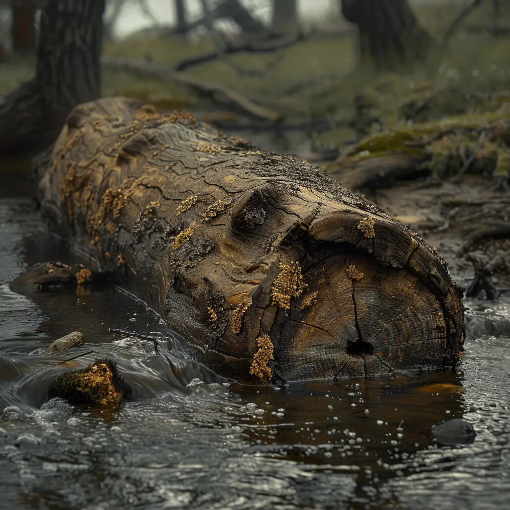 Gnarled log half-submerged in stream with mosses, lichens, water droplets glistening in fading sunlight.<br>