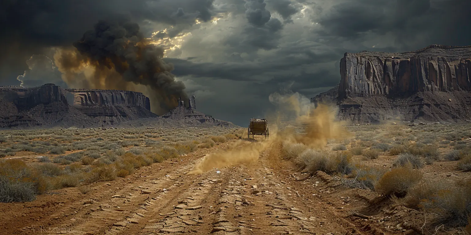 Dusty Oregon Trail winding through arid landscape, cliffs/mesas in distance, lone wagon leaving trail of dust on unforgiving frontier.