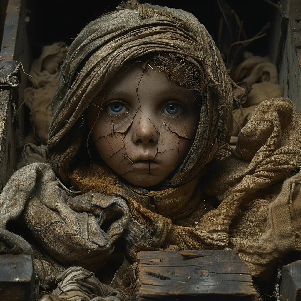 Broken china doll in open wooden box on wagon floor. Single blue eye intact among shattered porcelain pieces.