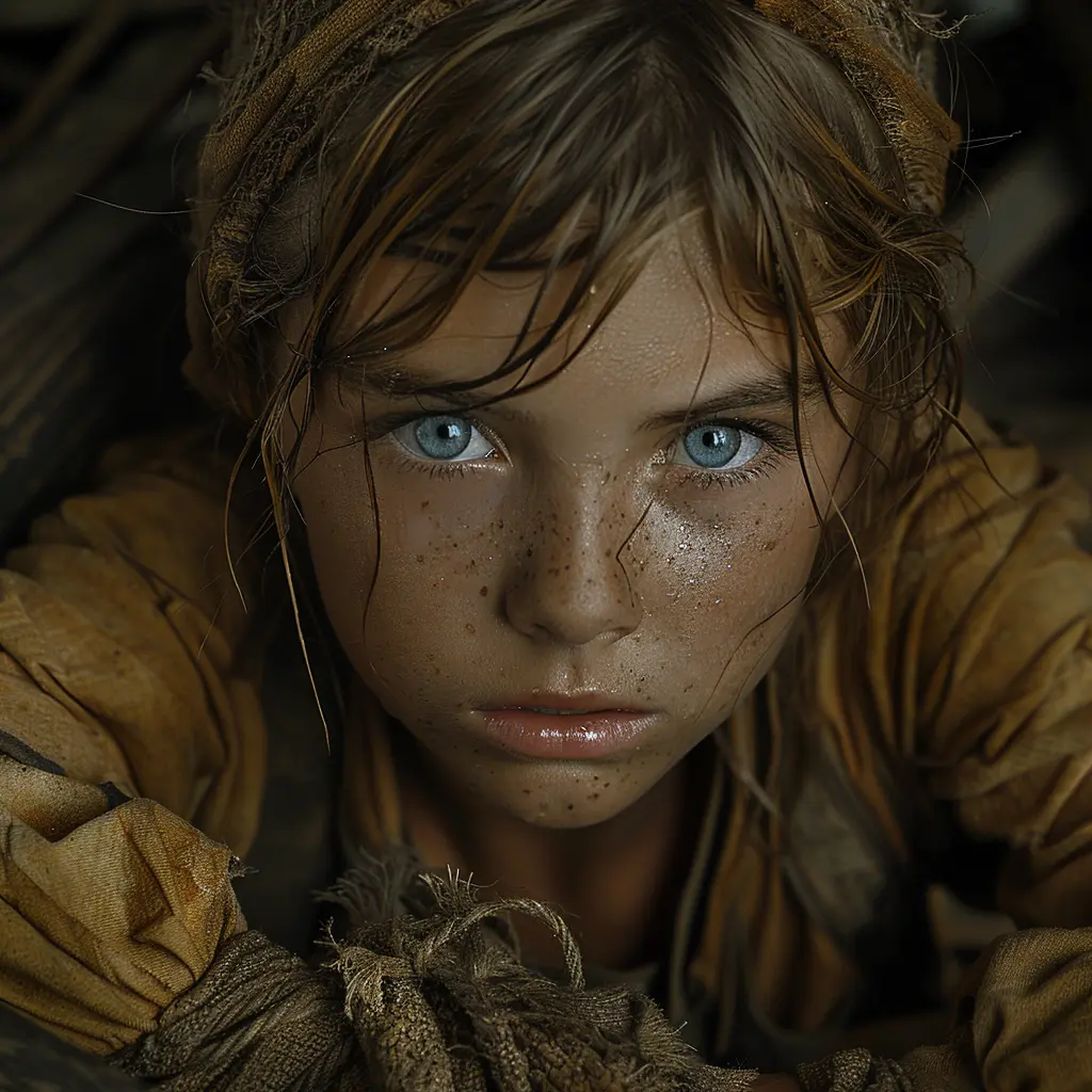 Tearful young girl with blue eyes clutches rag doll in covered wagon, Oregon Trail visible behind