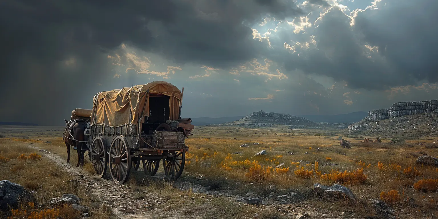 Wagon train crossing arid prairie landscape under harsh sun, rocky terrain and scrubby vegetation in frontier setting.