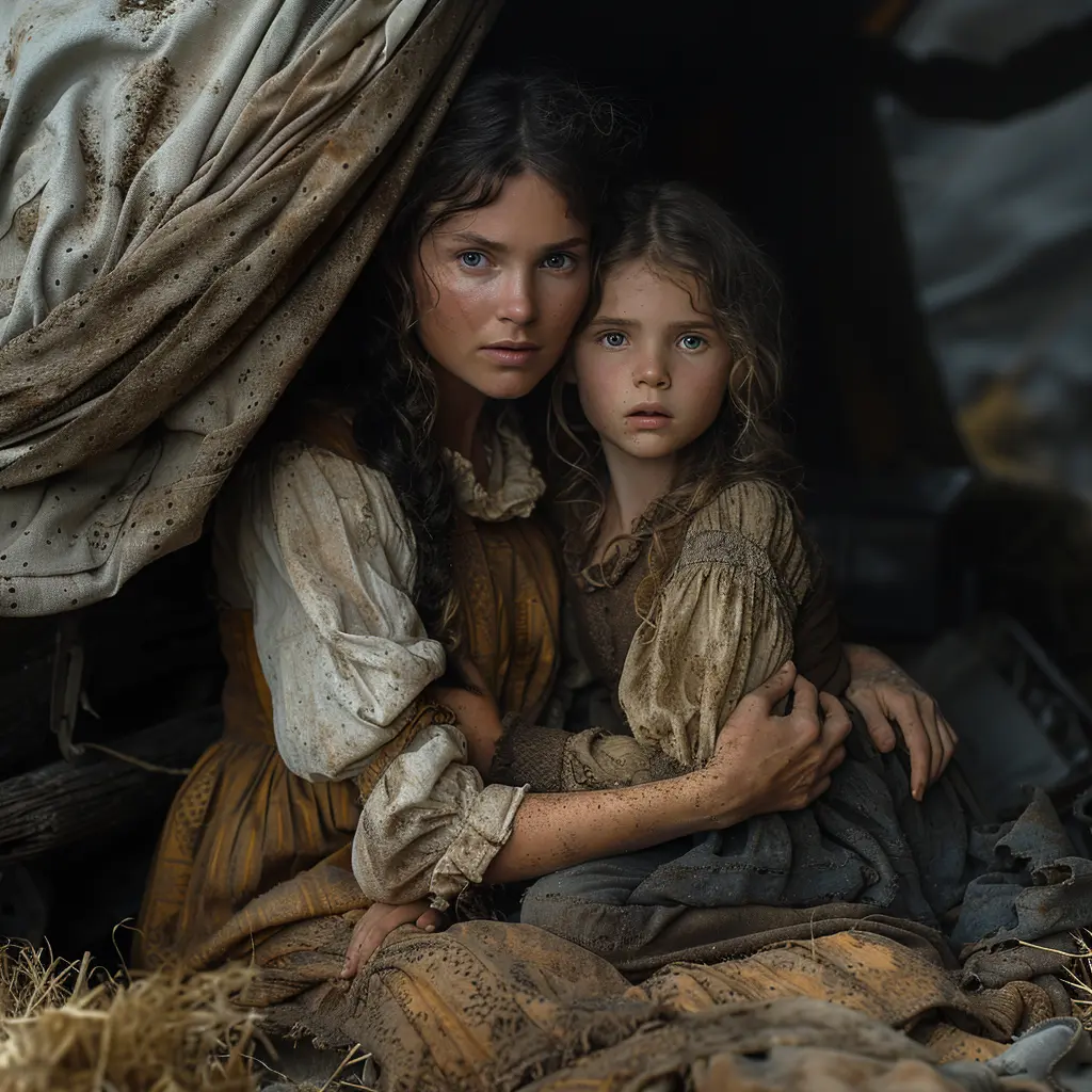 Girl sits by wooden box on quilts in covered wagon, prairie visible through opening
