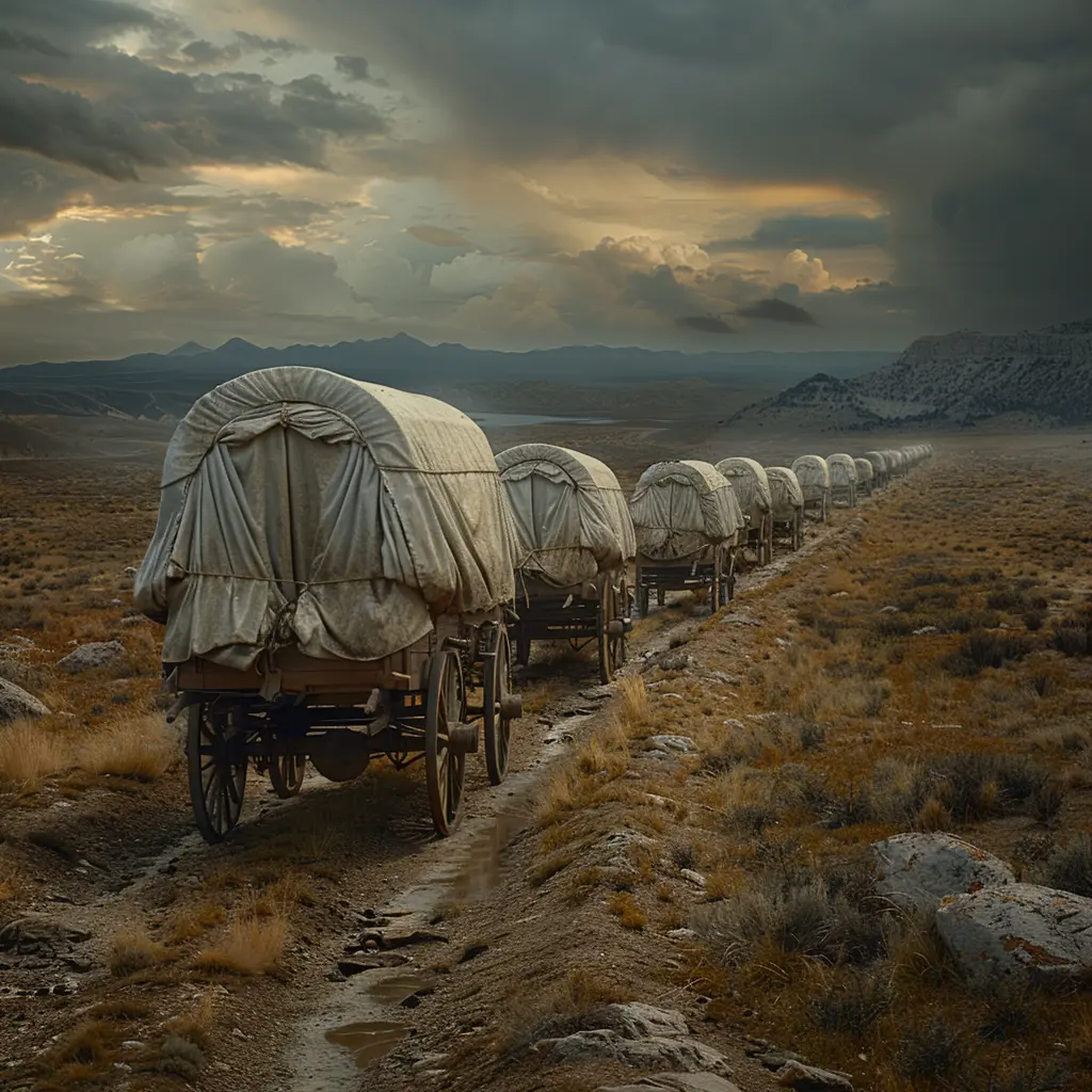 Bird's-eye view of wagon train crossing dusty plains in 1800s American West, late afternoon sun casting long shadows.