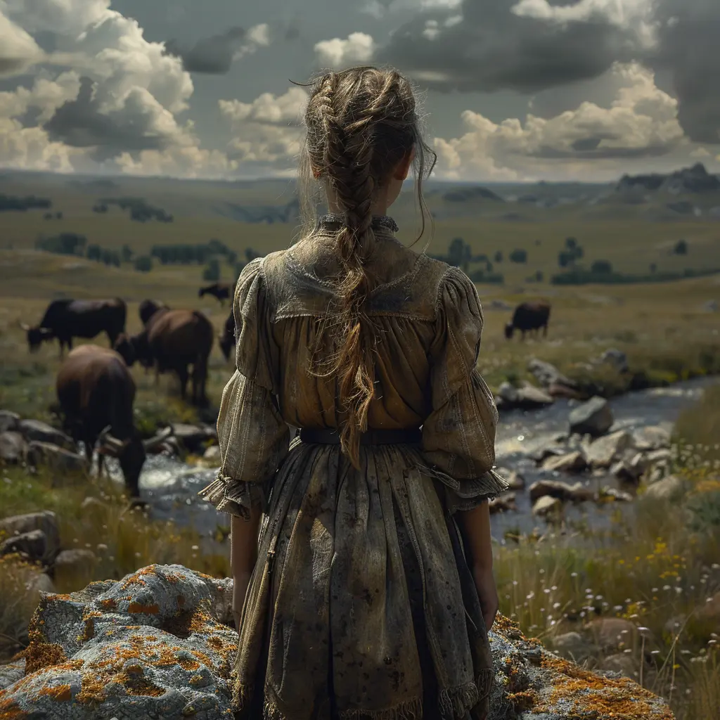 Dusty trail in harsh sun, jackrabbit watches wary as wagon train lumbers past in pioneer journey through unforgiving landscape.