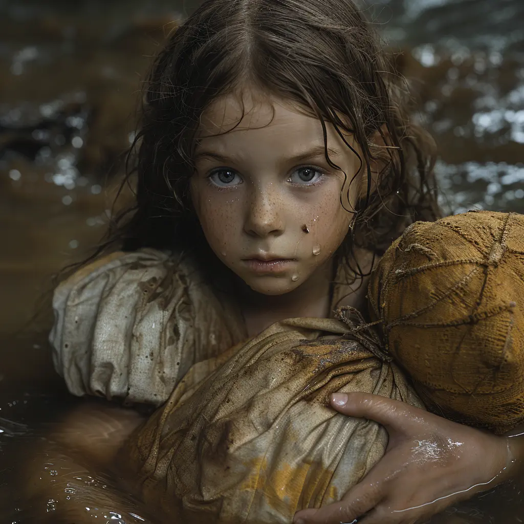 Young girl's tattered doll contrasts pristine one in creek reflecting her yearning, lonely expression and desire to belong.<br>