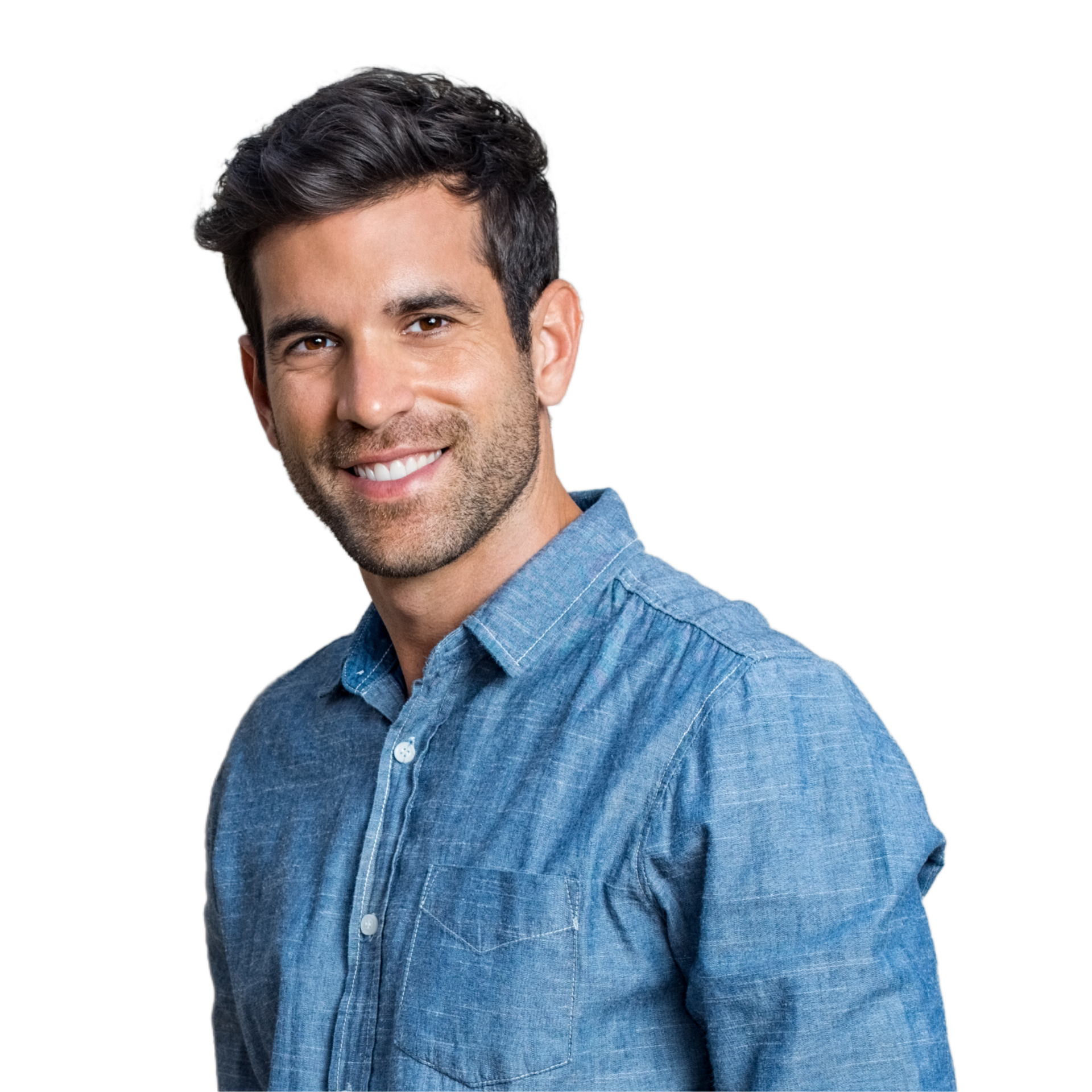 A woman with long hair is smiling with her hands on her face.