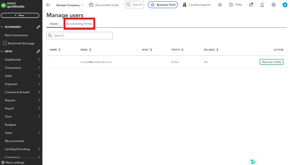 Screenshot of QuickBooks Online accountant invite screen
