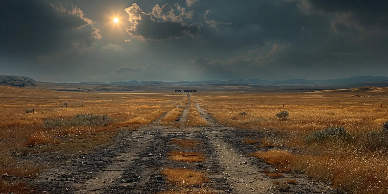 Wagon train on Oregon Trail crosses vast prairie at sunset, distant mountains visible on horizon