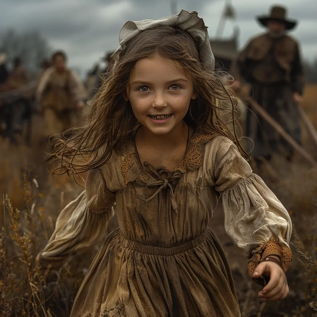 Aerial view of wagon train crossing prairie, tiny pioneers and oxen visible, distant mountains on horizon.
