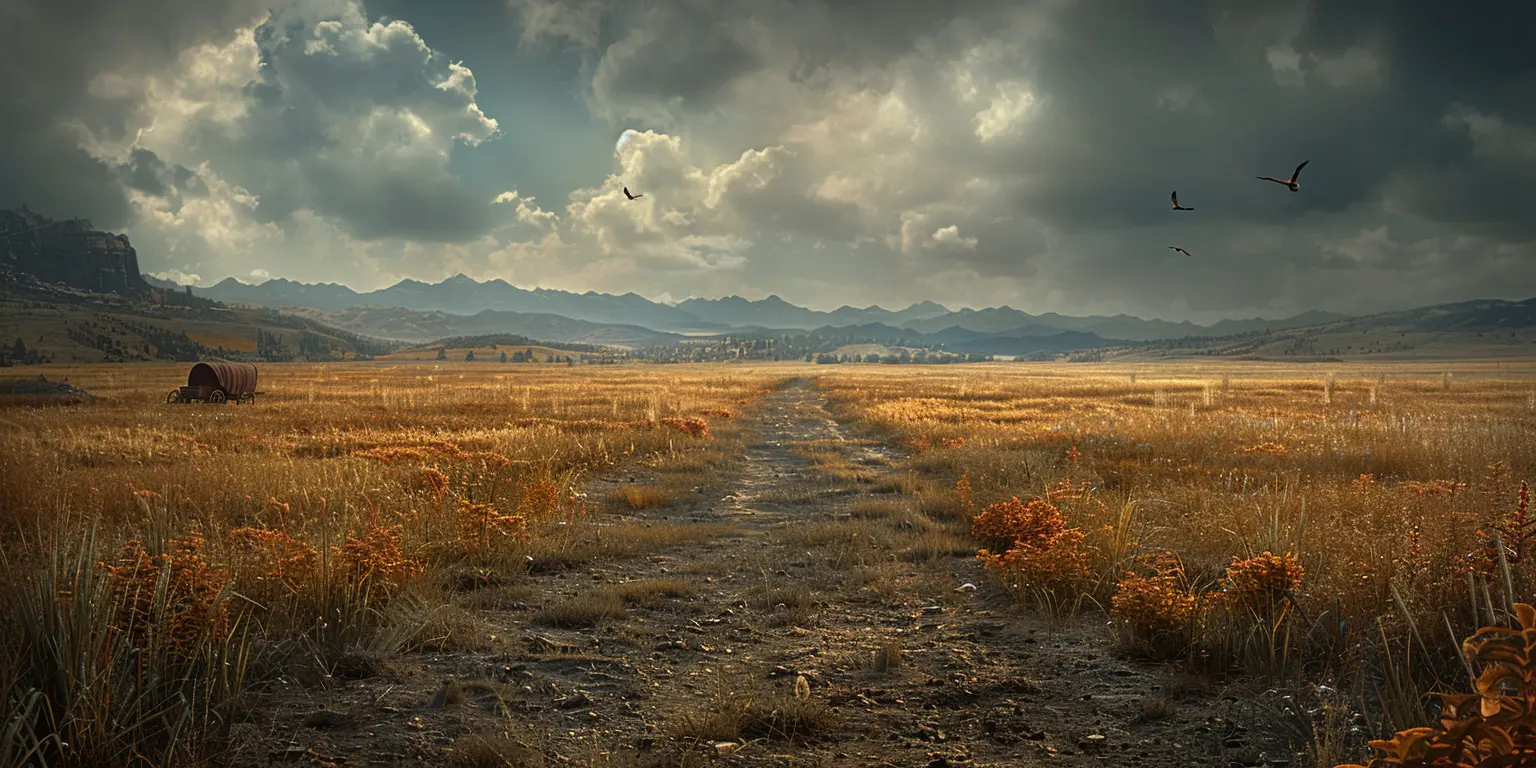 Prairie landscape with Oregon Trail, golden grass, and distant covered wagons under blue sky