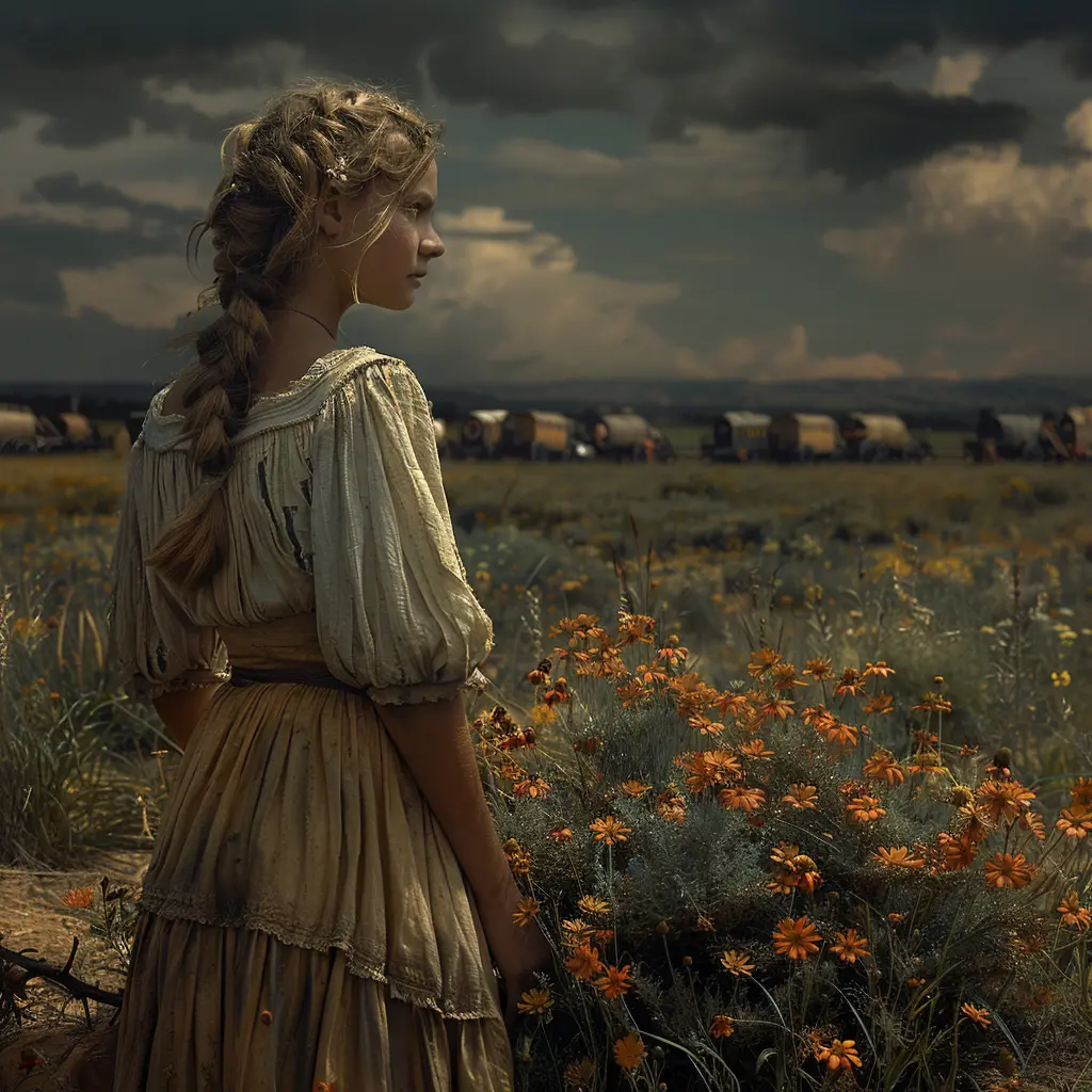 Young pioneer girl watches wagon train at sunrise on vast prairie, symbolizing hope on Oregon Trail journey
