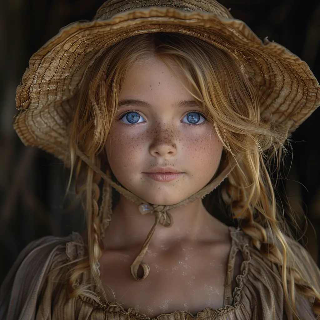 Smiling 9-year-old pioneer girl with blonde hair, blue eyes, and missing tooth, wearing a calico bonnet and dusty dress.