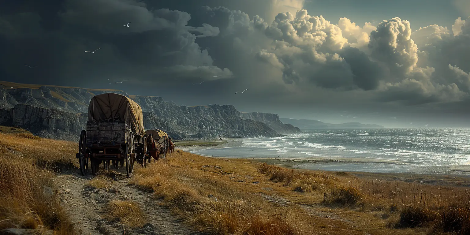 Oregon Trail wagon train crests hill, revealing Pacific Ocean panorama at sunset. Cliffs, beach, and seagulls visible.