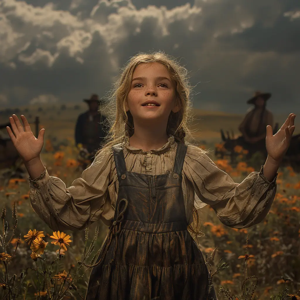 Silhouetted wagon train on prairie at dawn. Girl in foreground shields eyes, looking excited for adventure ahead.