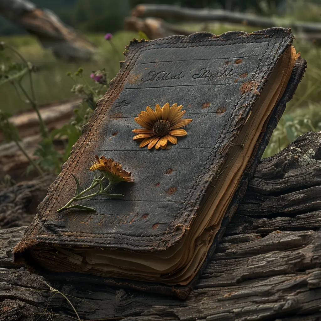 Open leather journal on log, handwritten pages with pressed wildflower, depicting pioneer life on Oregon Trail