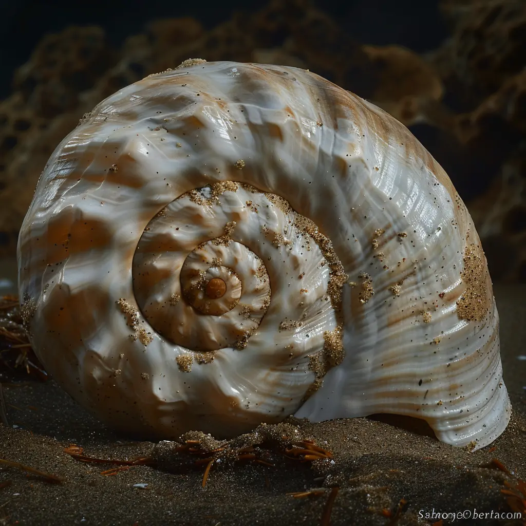 Seashell on wet sand at sunset, spiral pattern catching golden light, symbolizing new beginnings.
