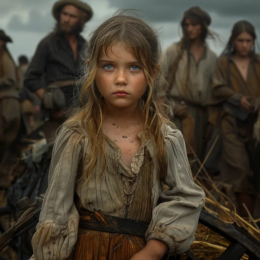 Bird's-eye view of Oregon Trail with covered wagons crossing vast plains, including young Sarah's wagon.