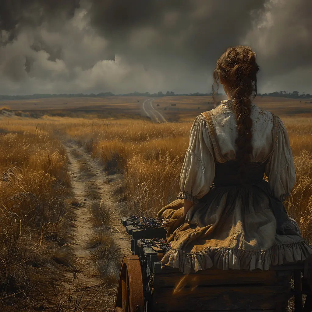 Bird's-eye view of wagon train on prairie, zooming in on young girl in calico dress, arms outstretched, face hopeful.<br>