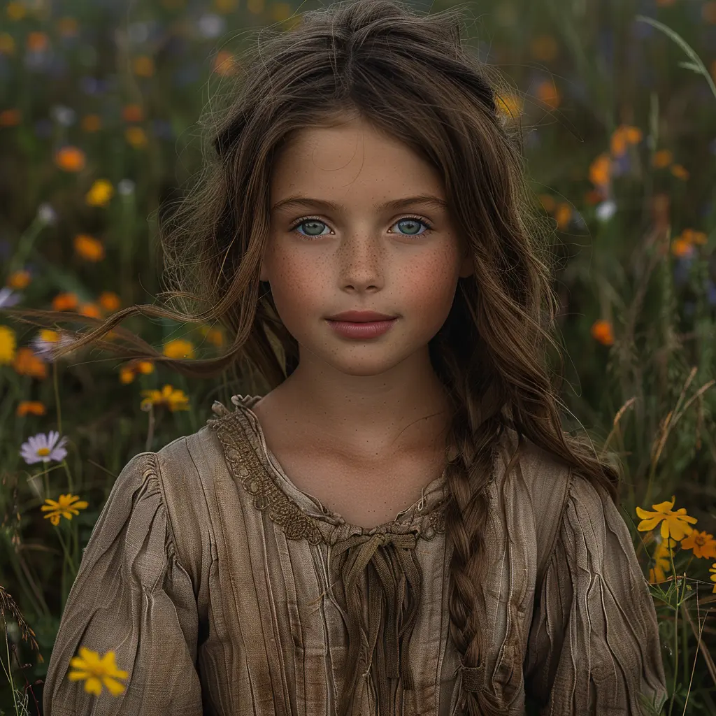 Young girl in pioneer dress smiles joyfully, arms outstretched among wildflowers on the Oregon Trail.