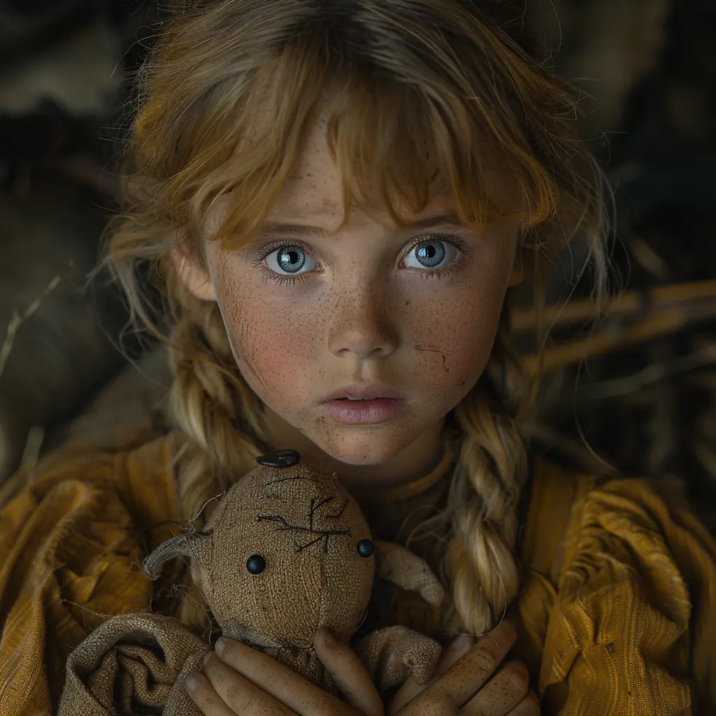 Young girl with blonde hair and freckles, holding rag doll, lit by campfire. Uncertain expression. Oregon Trail.