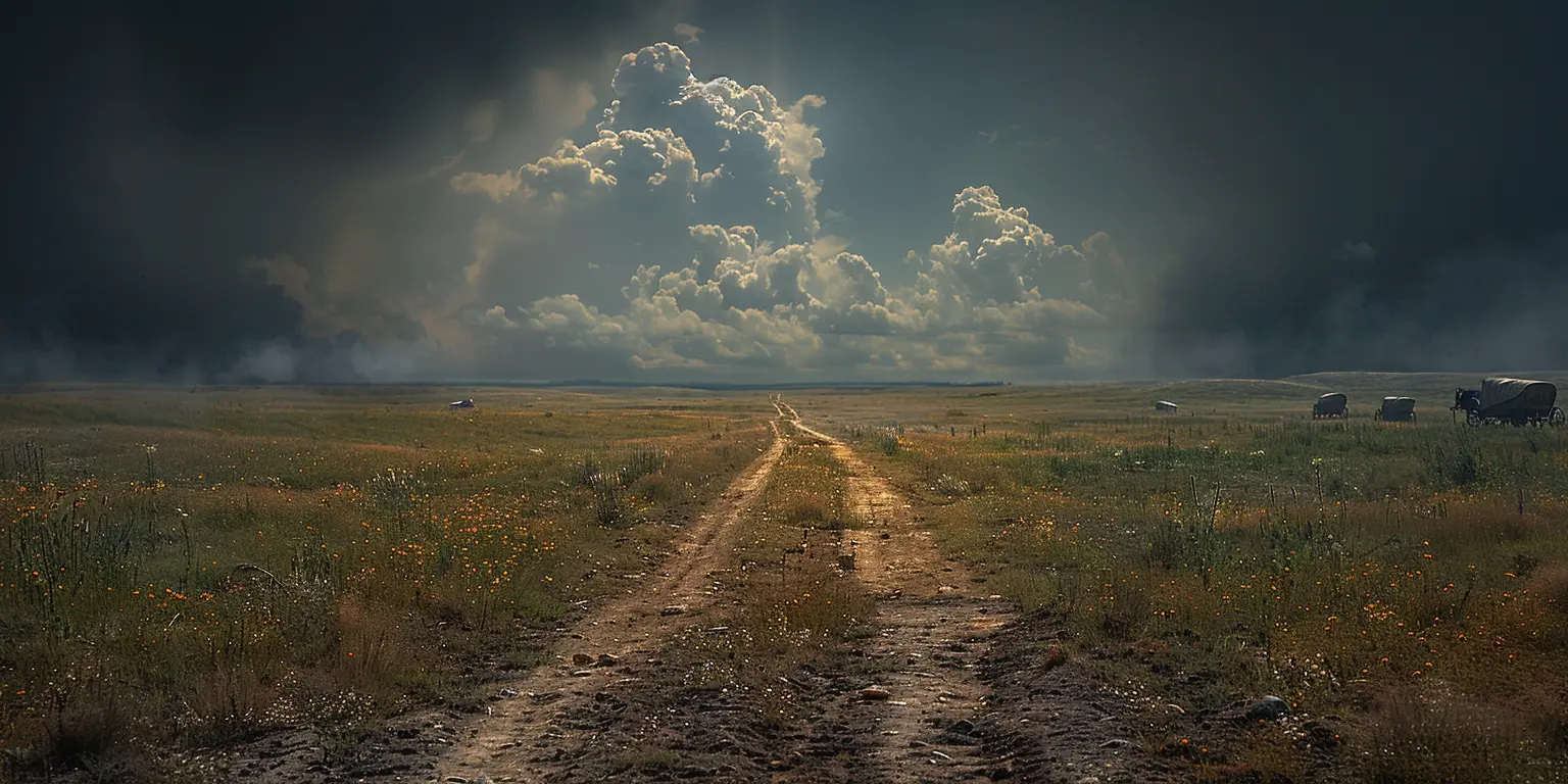 Oregon Trail panorama: Covered wagons traverse vast prairie under golden sunset, wildflowers in foreground