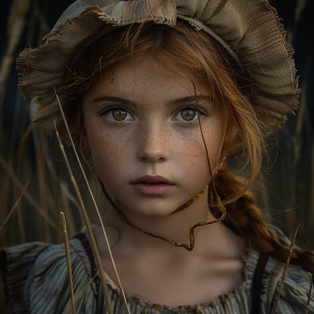 Close-up of Abigail, 11, smiling contentedly. Auburn hair, brown eyes, freckles. Sunset light, prairie background.
